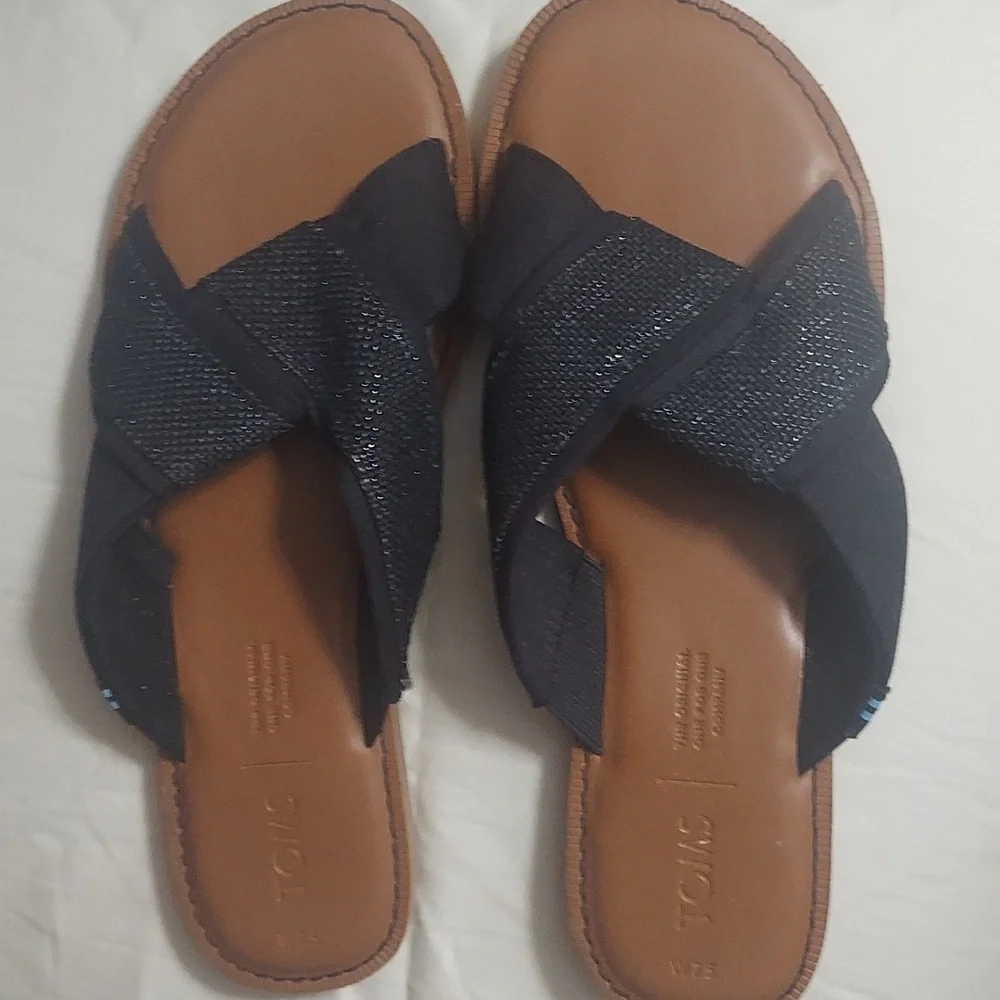 Toms Black & Brown Cross-Strap Slide Sandals Sz 7.5